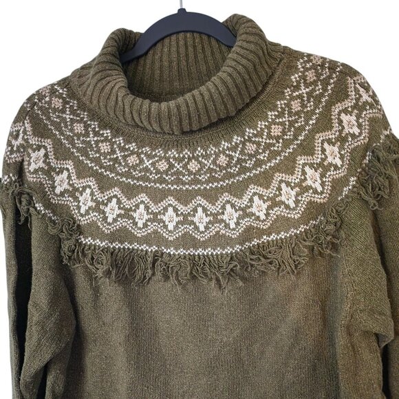 Y2K Fair Isle Fringe Turtleneck Sweater - Olive Green - XL Route 66 - Picture 2 of 6